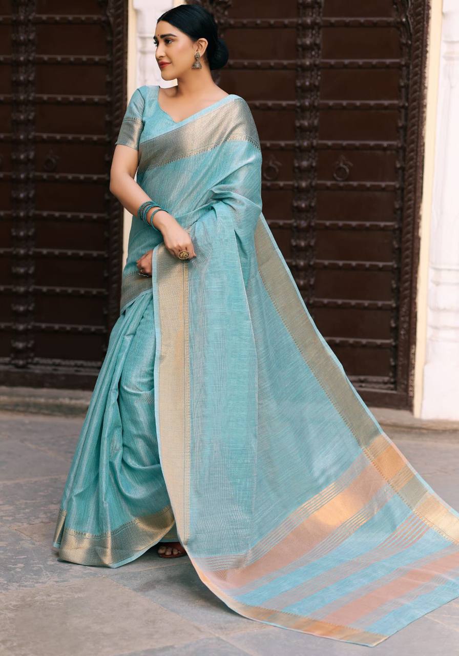 Sky Blue Tussue Linen Silk Weaving Saree With Zari Woven