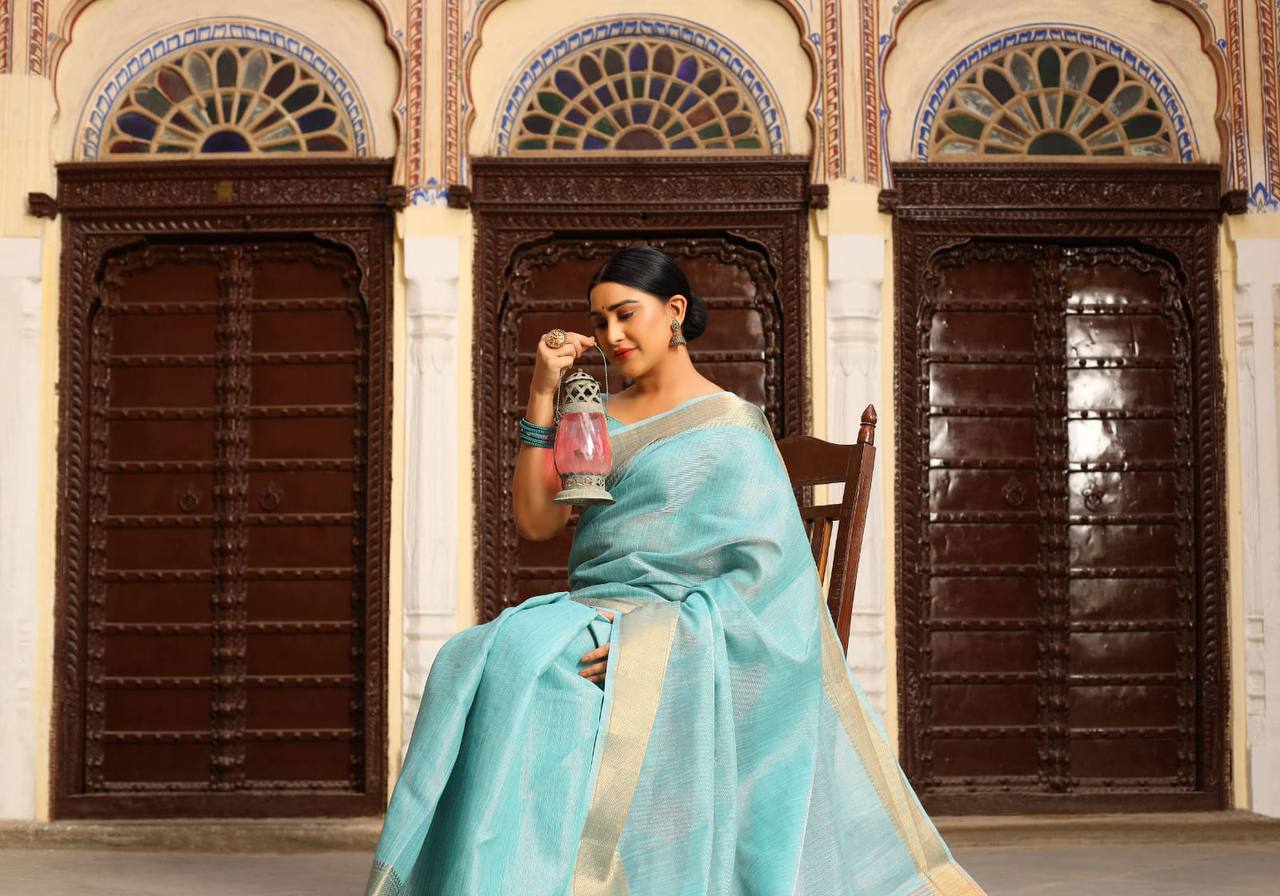 Sky Blue Tussue Linen Silk Weaving Saree With Zari Woven