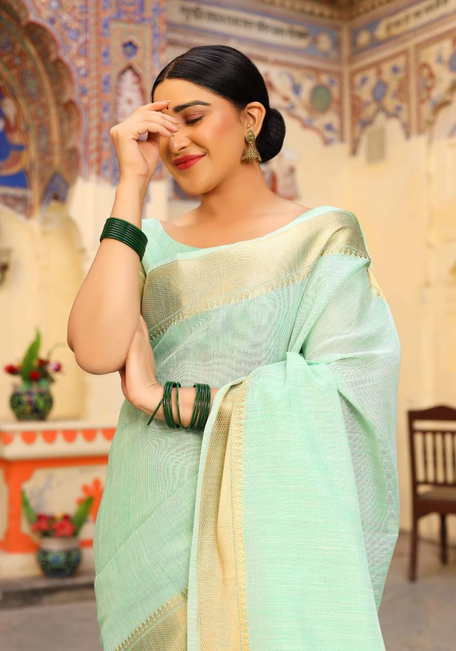 Sea Green Tussue Linen Silk Weaving Saree With Zari Woven