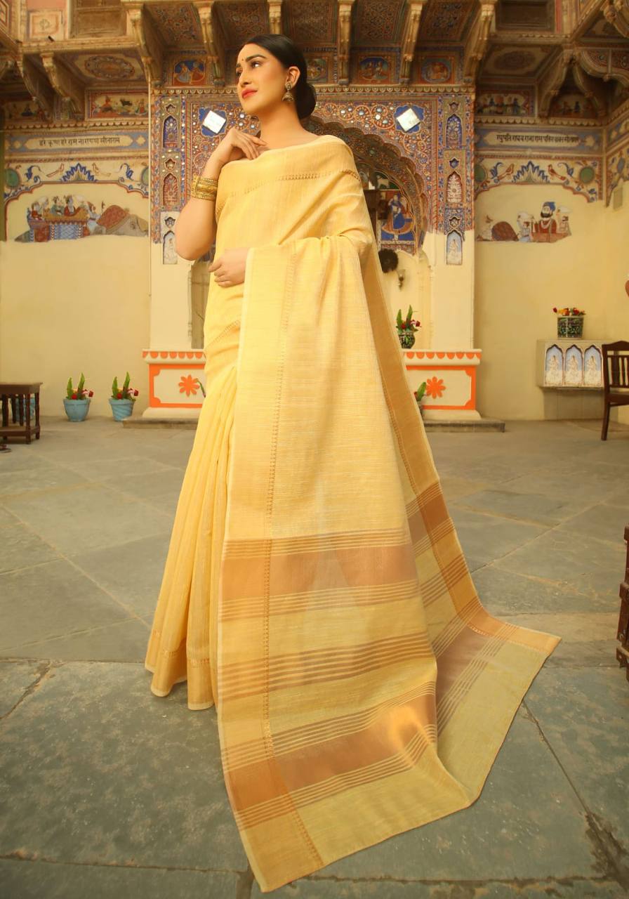 Yellow Tussue Linen Silk Weaving Saree With Zari Woven