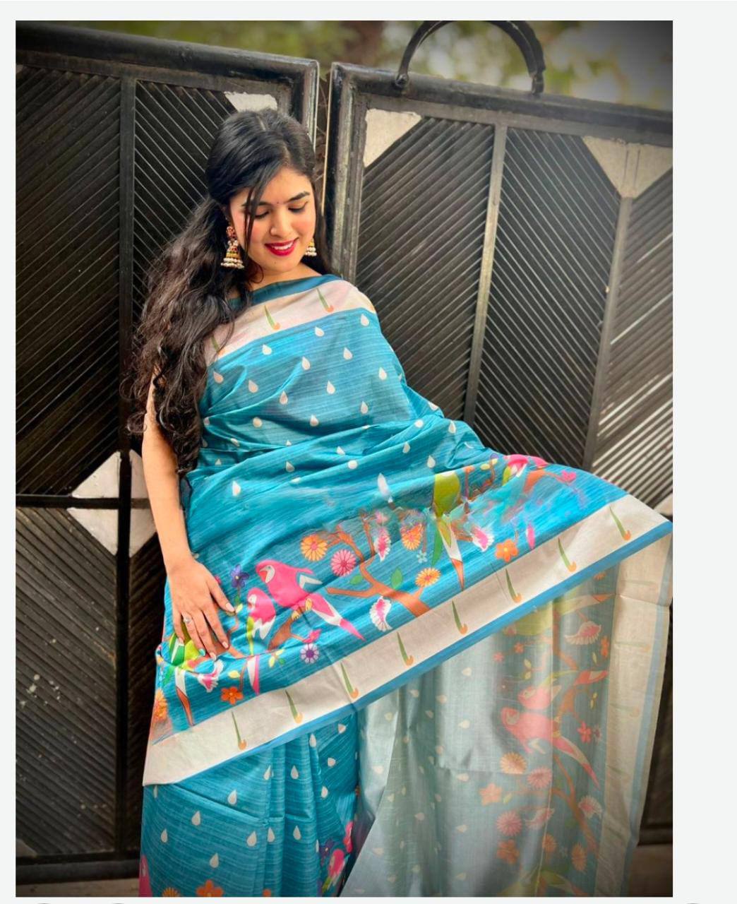 Sky Blue Soft Tussar Silk Saree With Beautiful Print Border