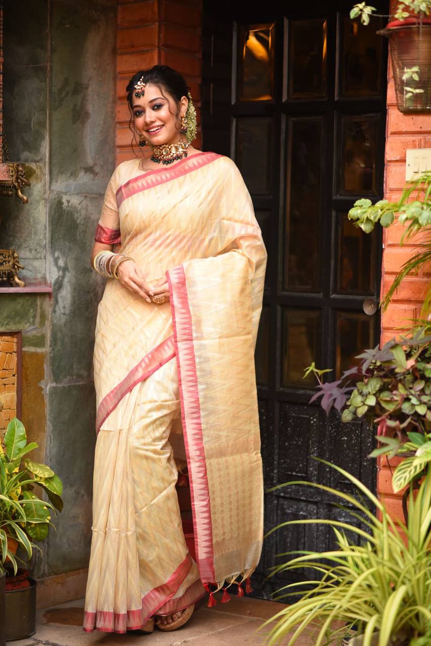 Cream Cotton Silk Saree With Gold Zari Woven Pattern