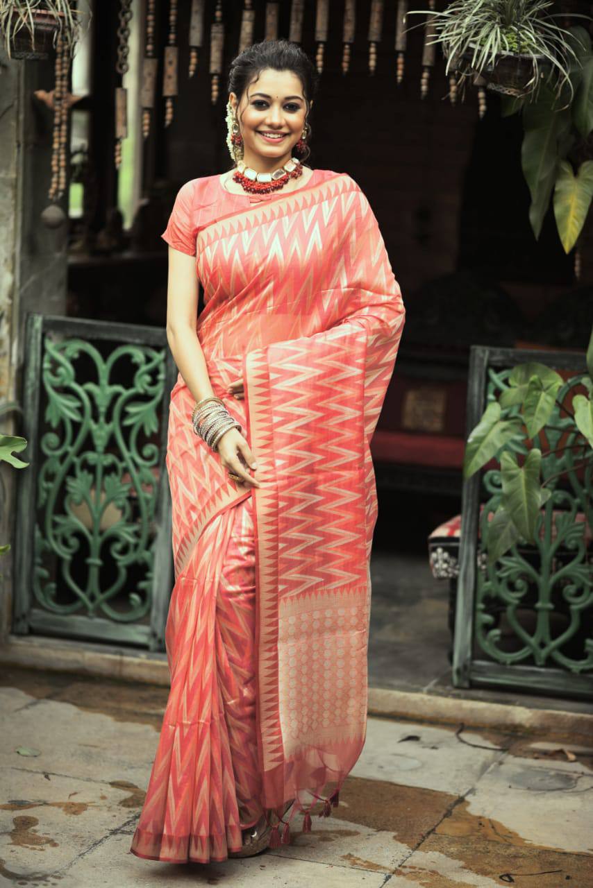 Orange Cotton Silk Saree With Gold Zari Woven Pattern