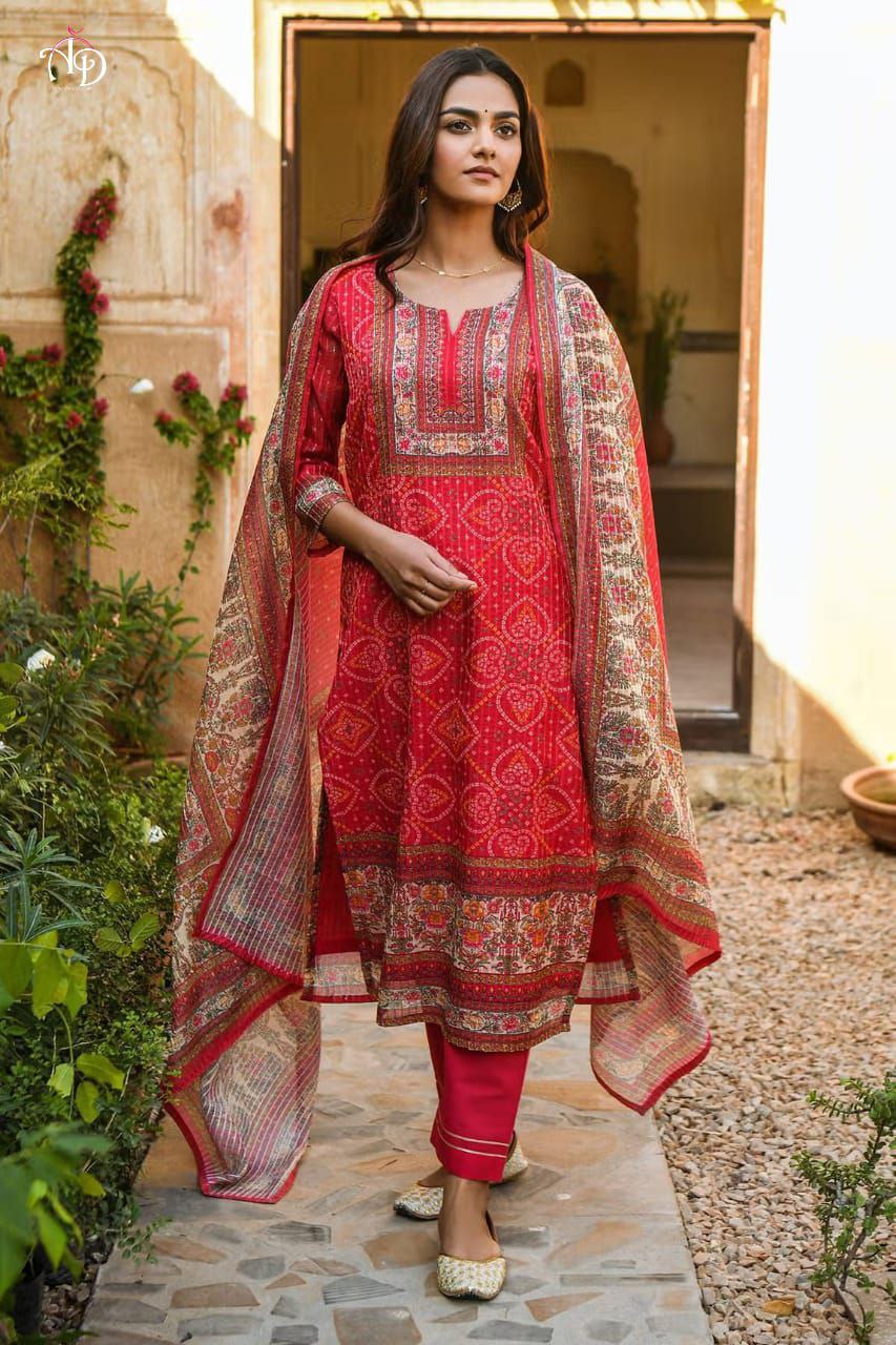 Red Beautiful Muslin With Prosid  Design Work
