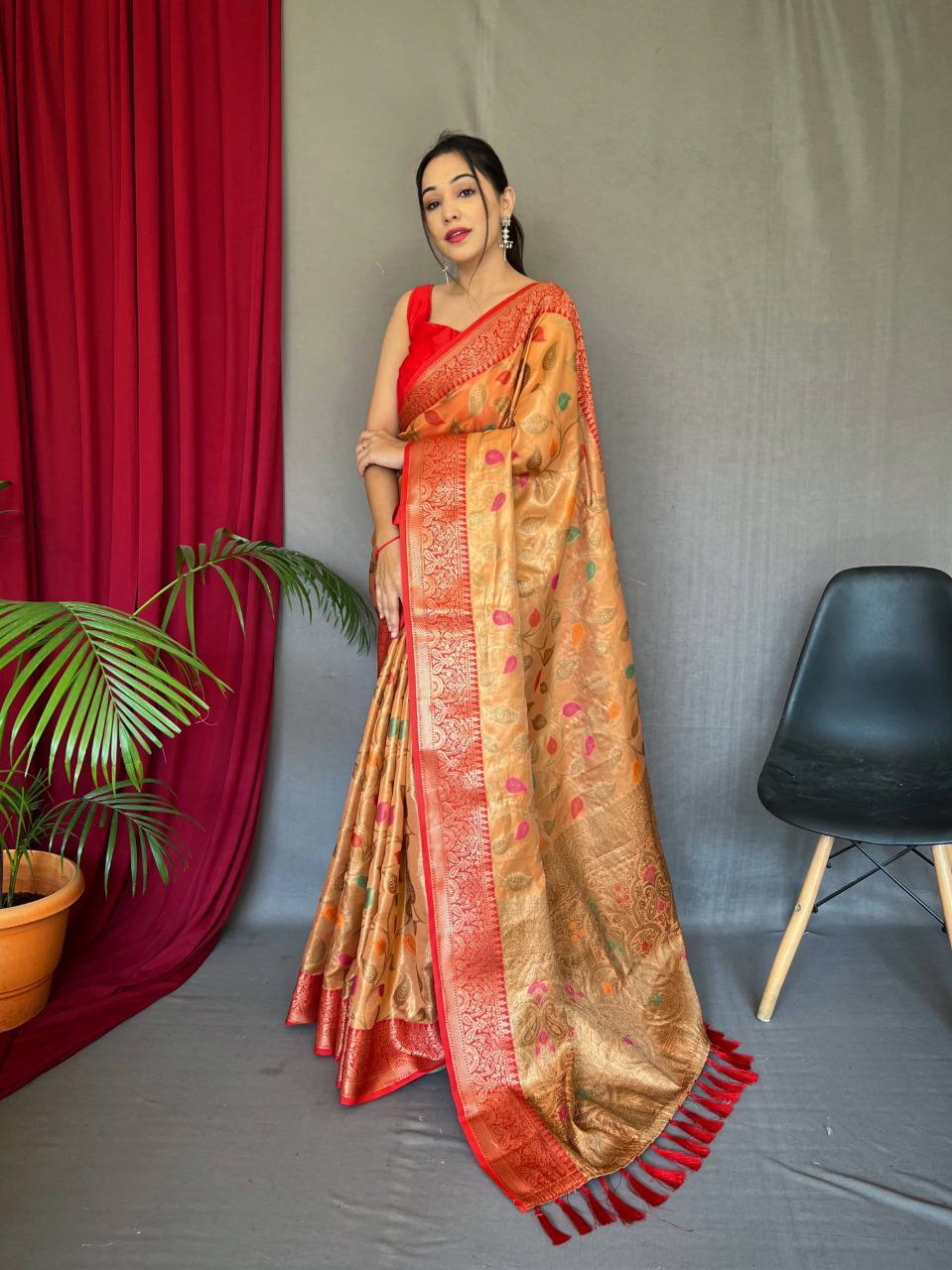 Orange Pure Tissue Silk Saree With Zari Weaving
