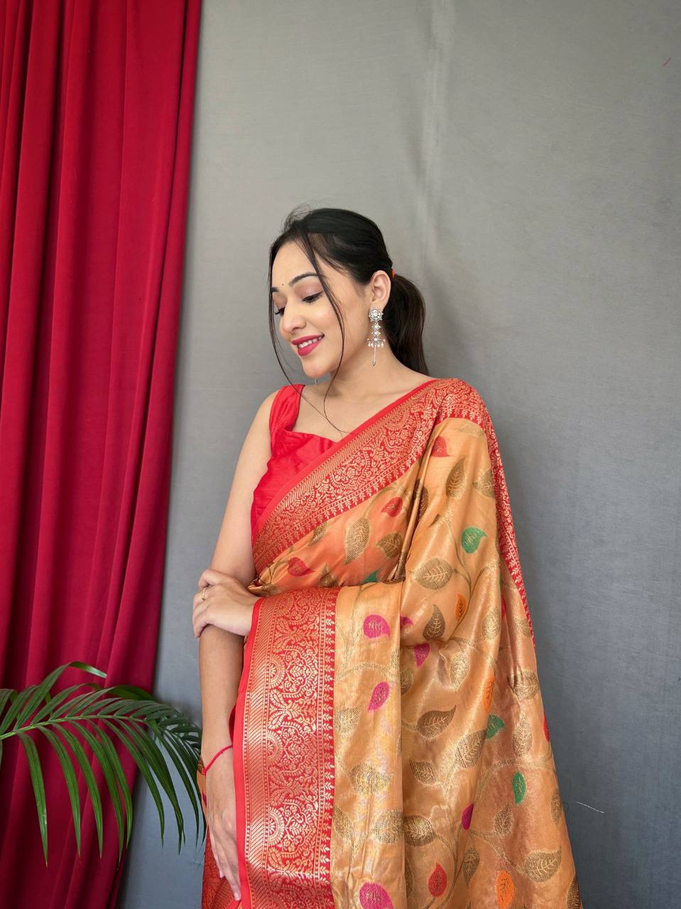 Orange Pure Tissue Silk Saree With Zari Weaving