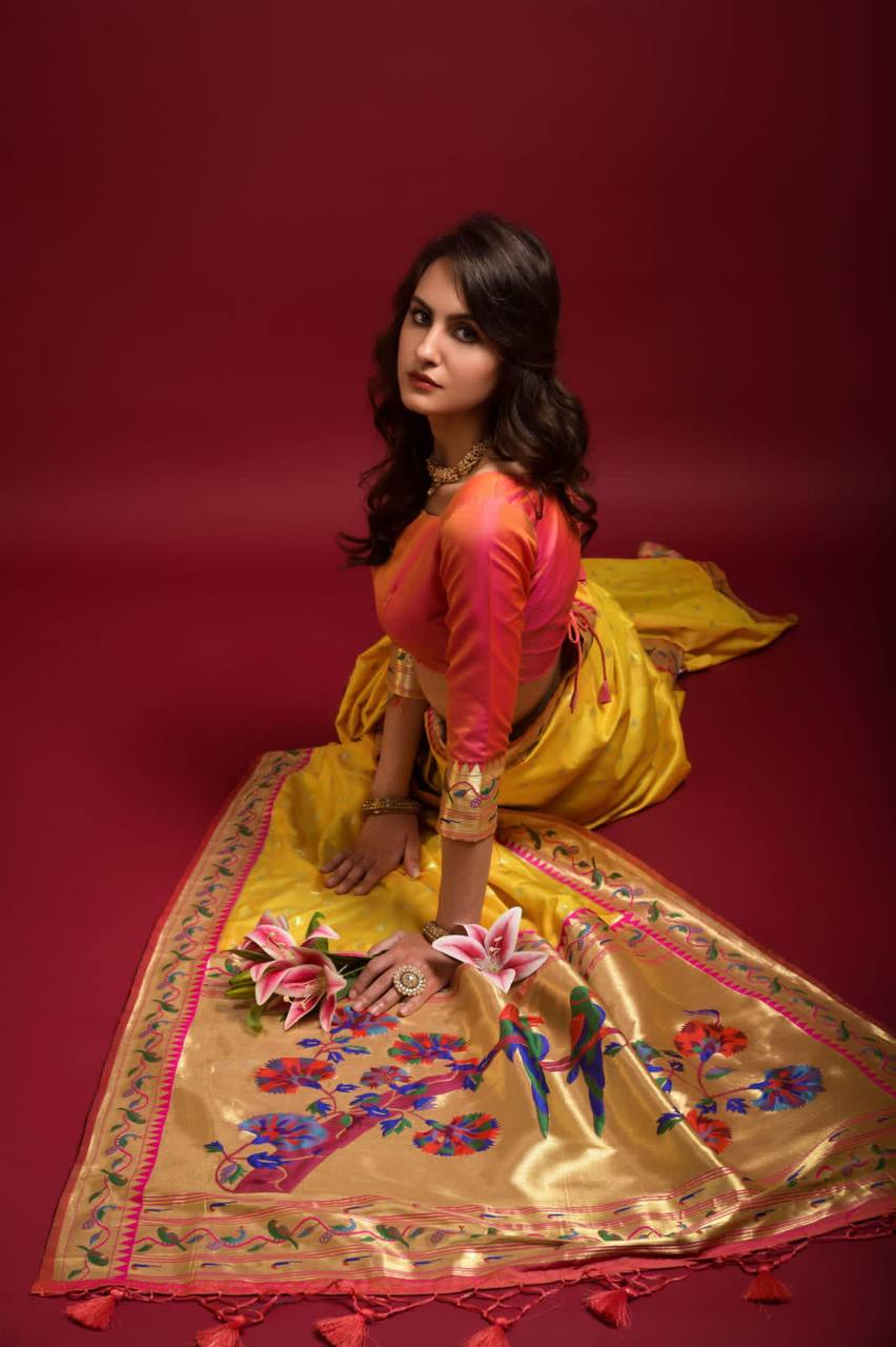 Yellow Banarasi Soft Silk Paithani Saree With Fancy Meena