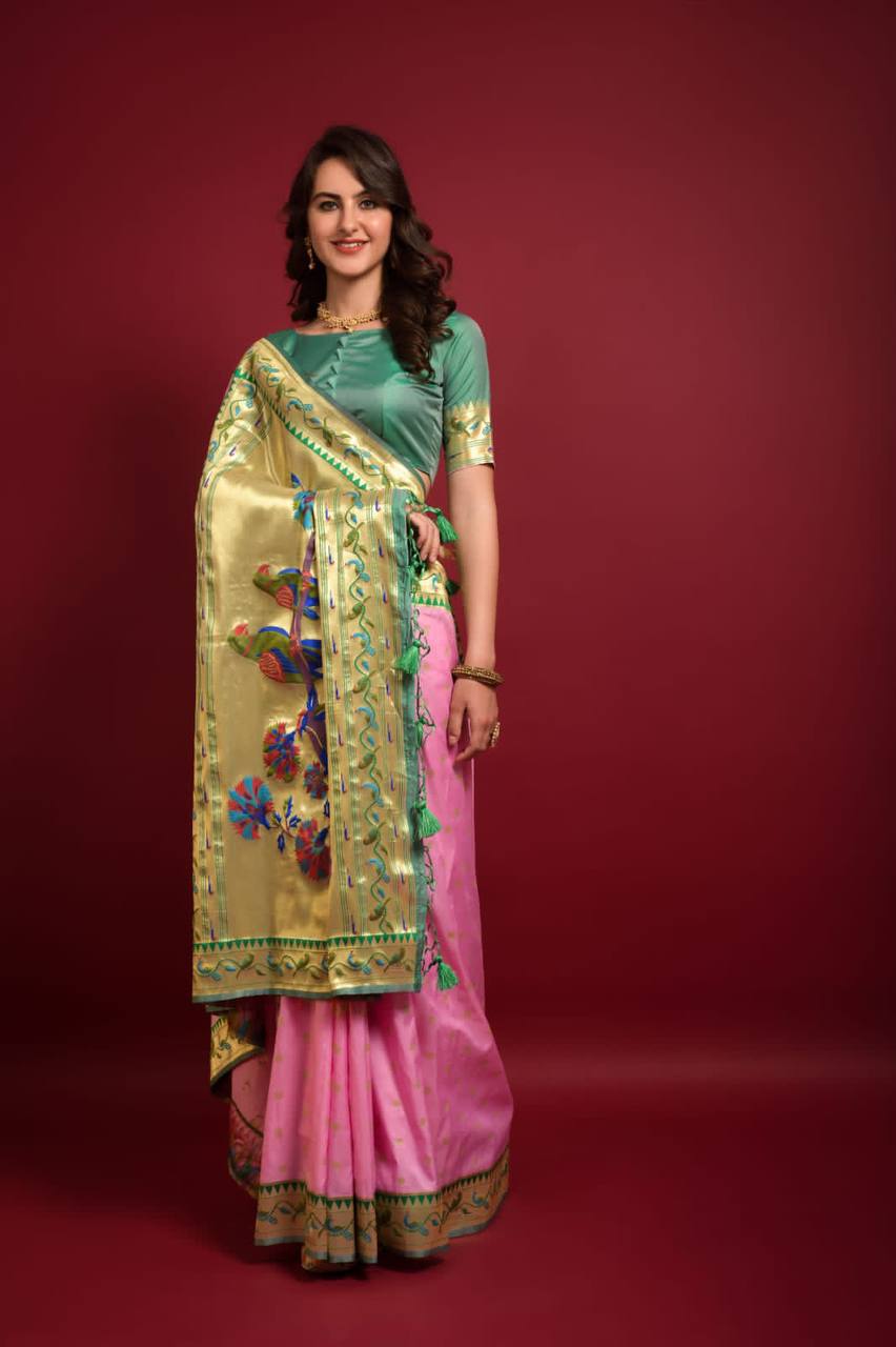 Pink Banarasi Soft Silk Paithani Saree With Fancy Meena