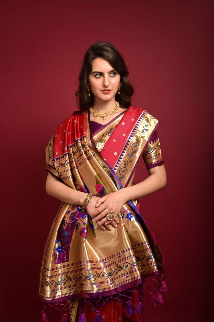 Red Banarasi Soft Silk Paithani Saree With Fancy Meena