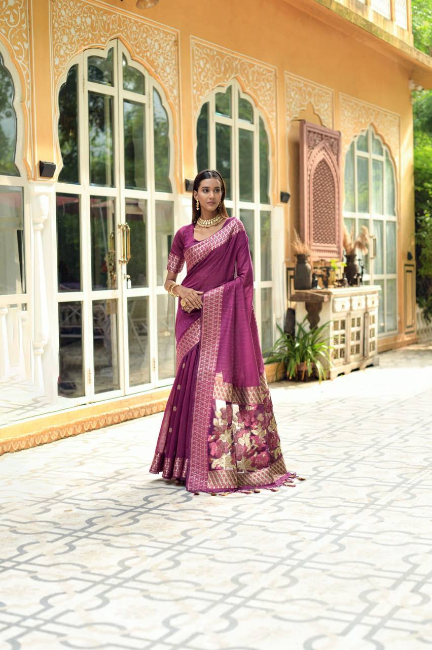 Purple Linen Silk Saree With Sequence Zari Weaves