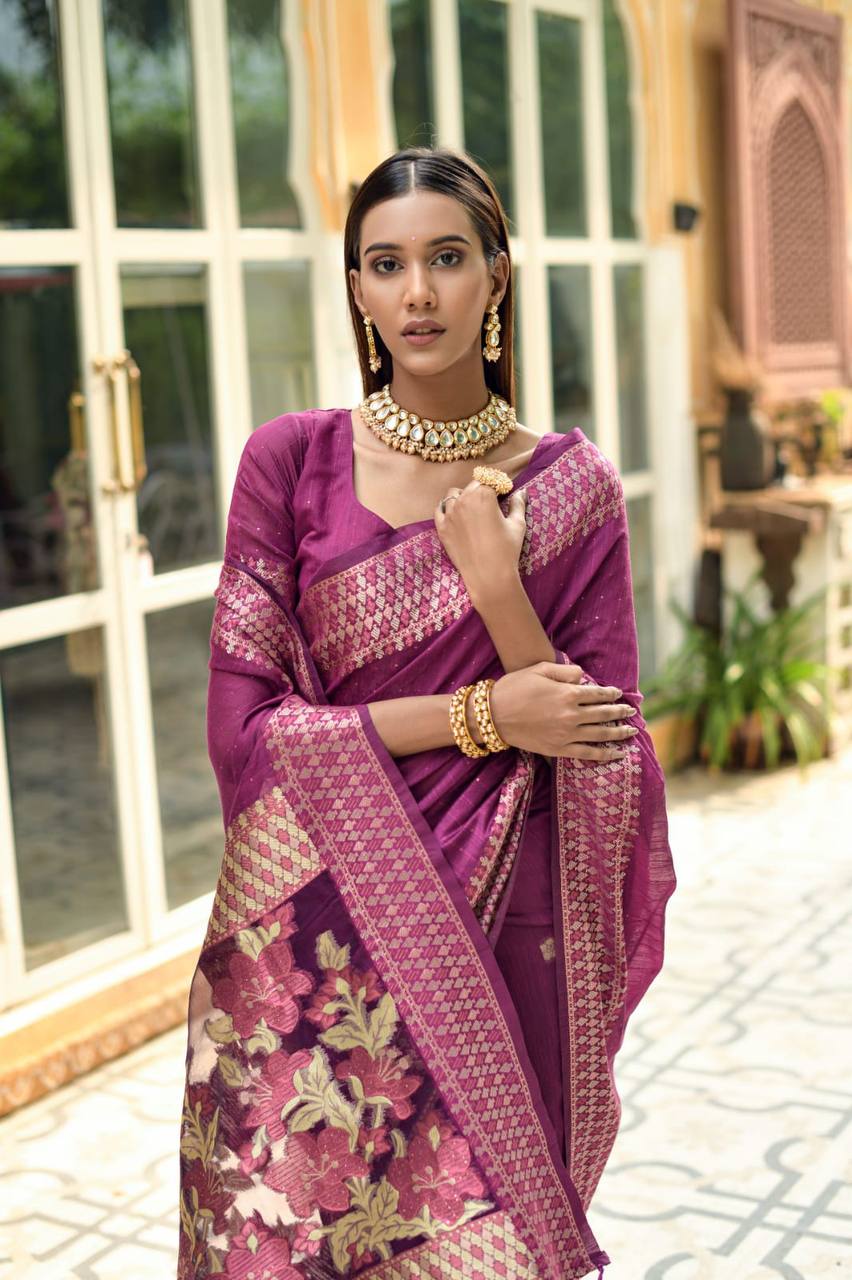 Purple Linen Silk Saree With Sequence Zari Weaves
