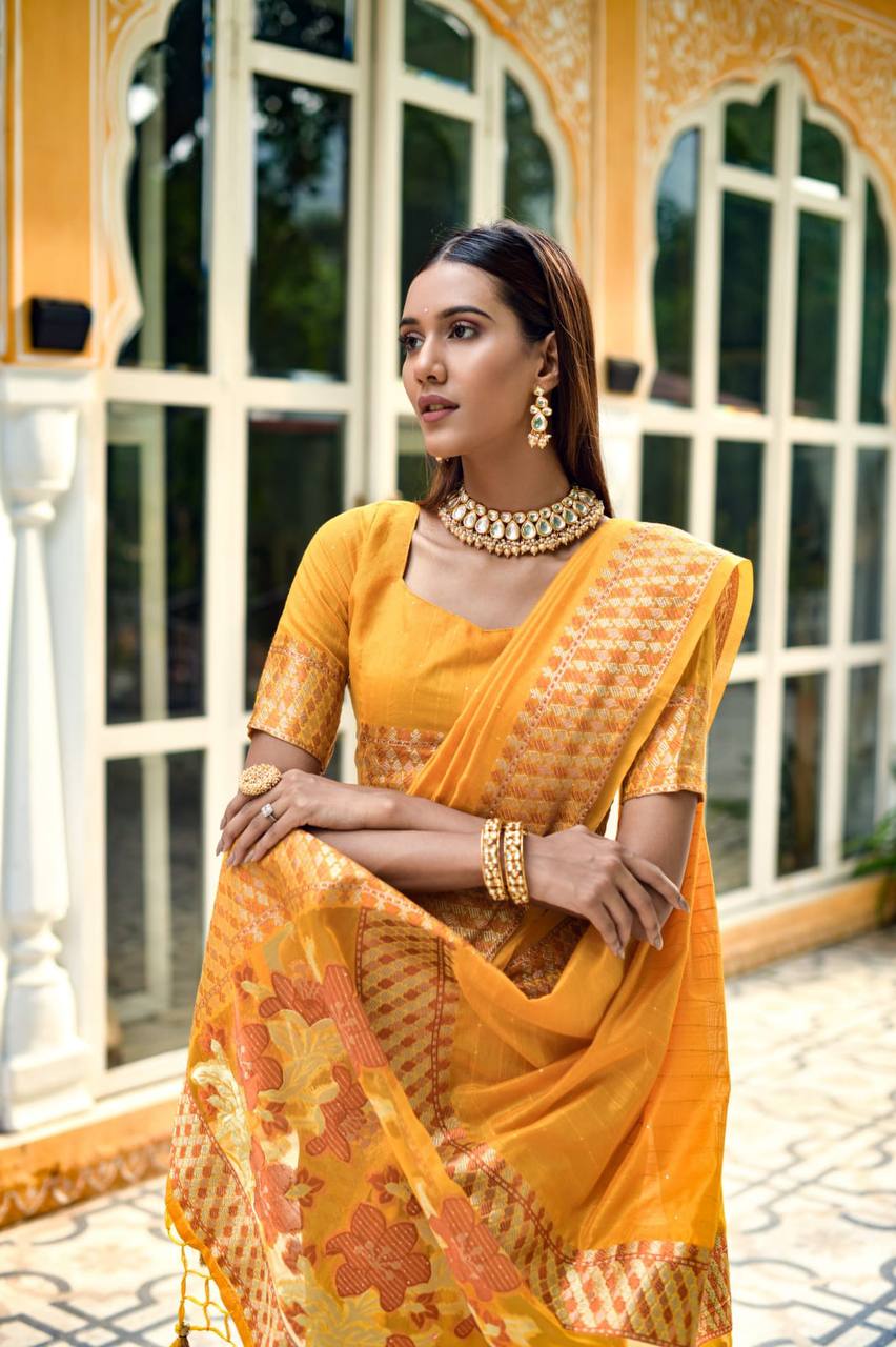 Yellow Linen Silk Saree With Sequence Zari Weaves