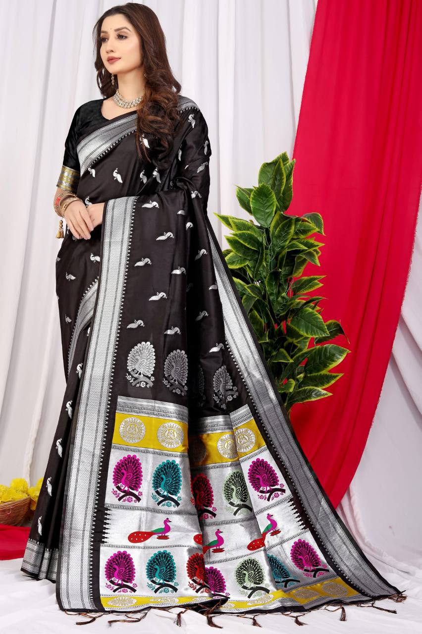 Black Beautiful Soft Pure Silk Paithani Saree