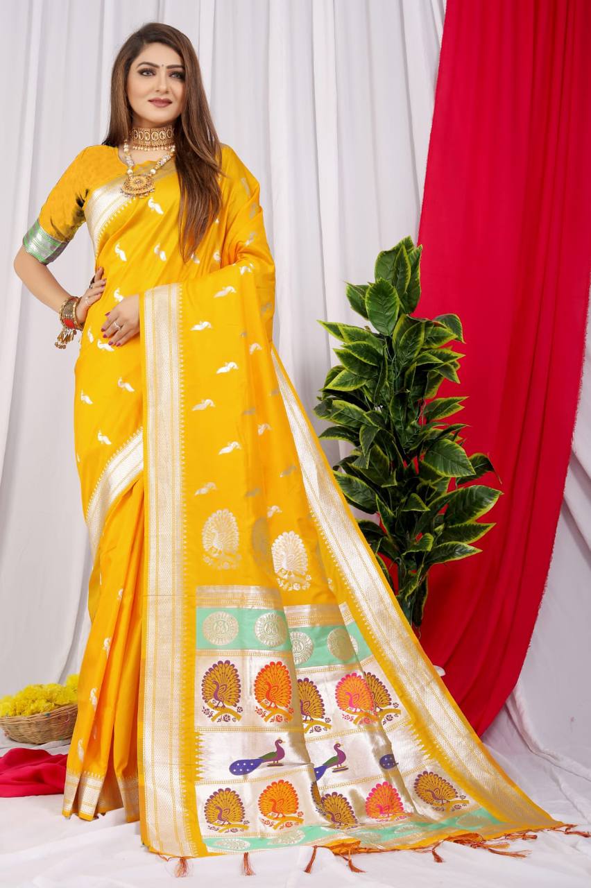 Lemon Beautiful Soft Pure Silk Paithani Saree