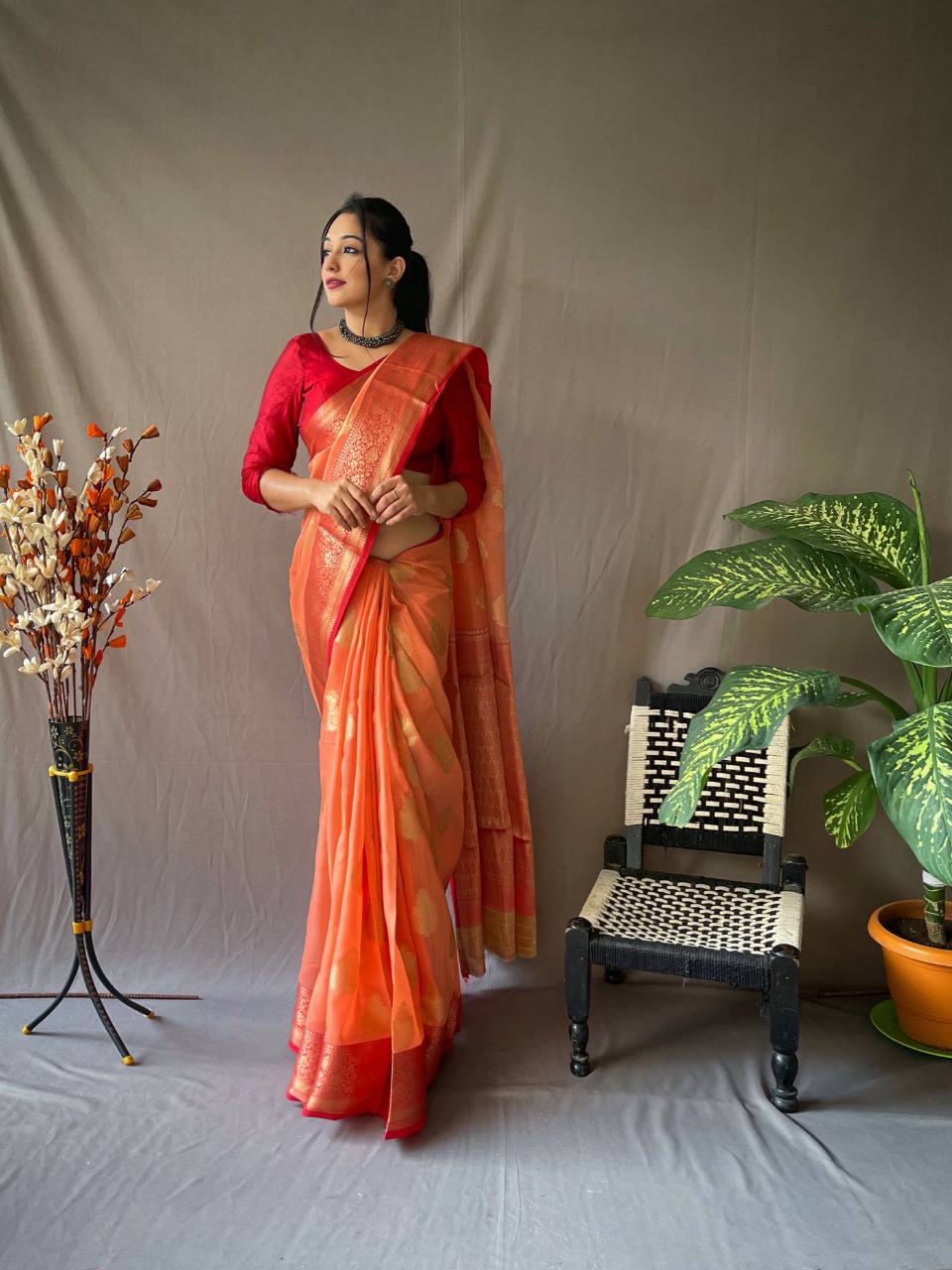 Orange Linen Saree With Chap Border