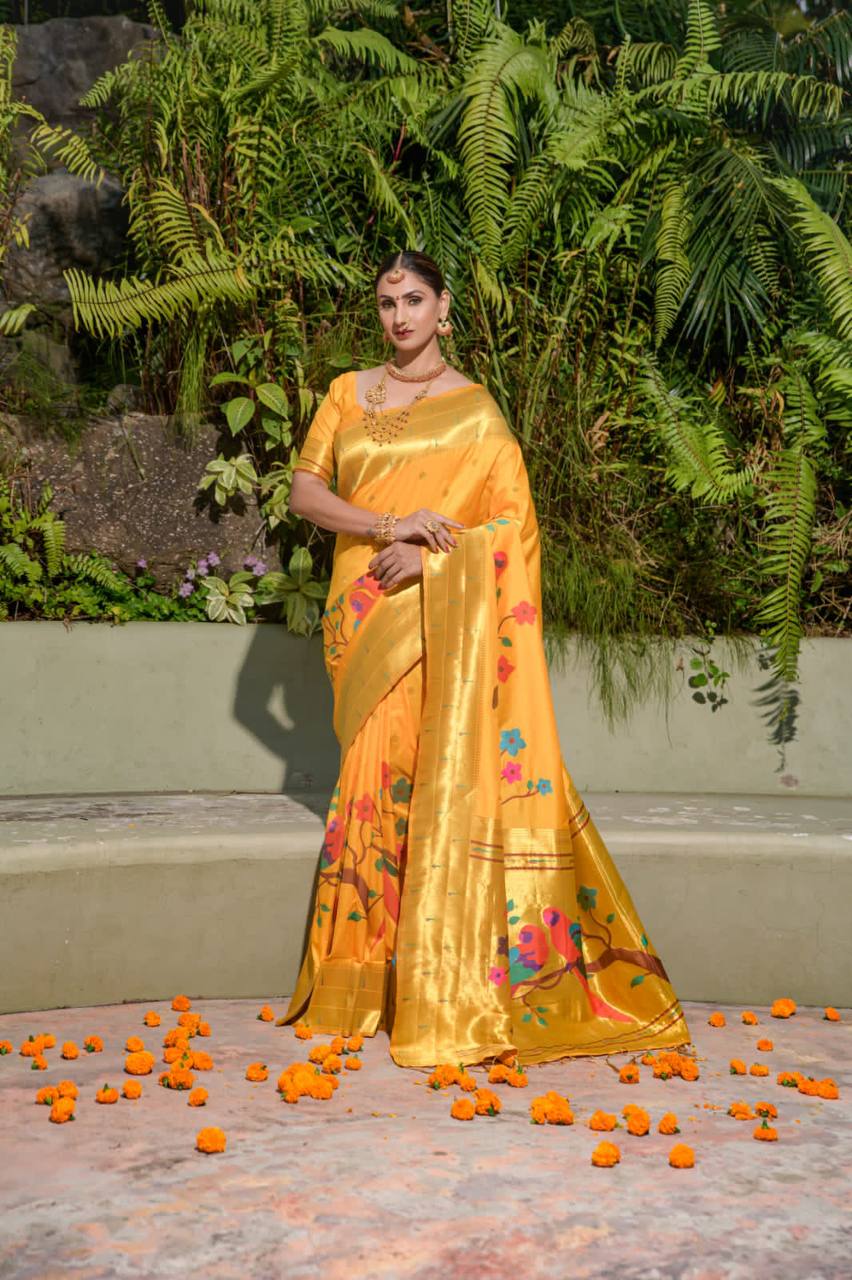 Yellow Paithani Pure Silk Handloom Saree With Pure Jari