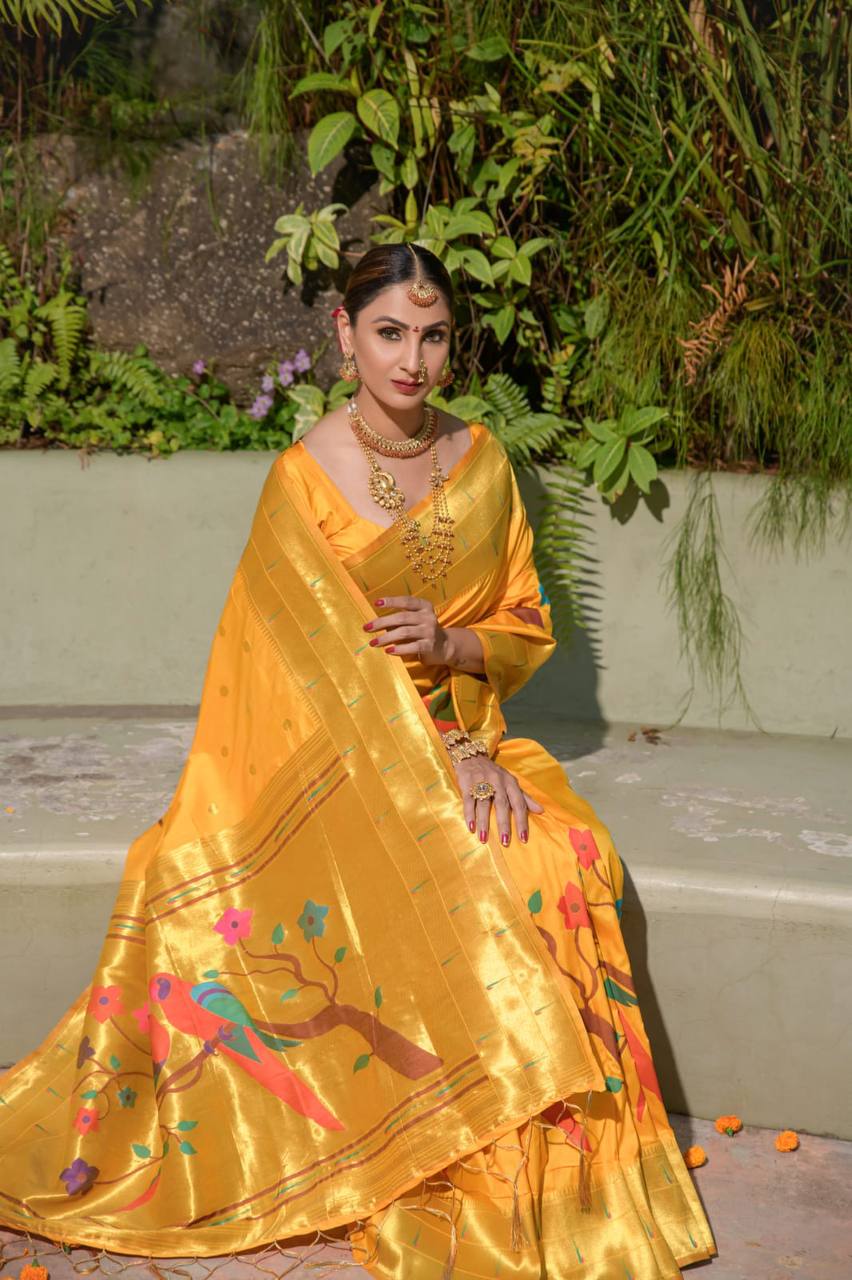 Yellow Paithani Pure Silk Handloom Saree With Pure Jari
