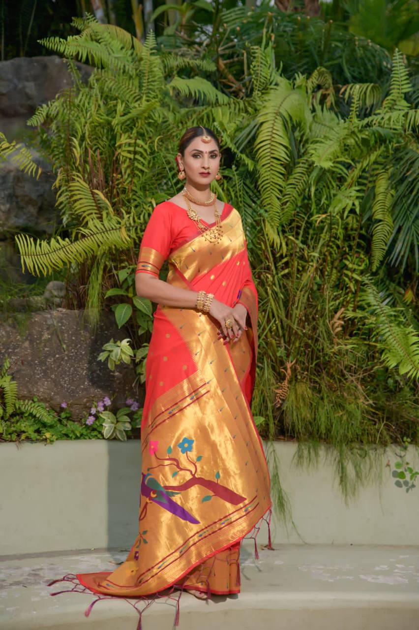 Red Paithani Pure Silk Handloom Saree With Pure Jari