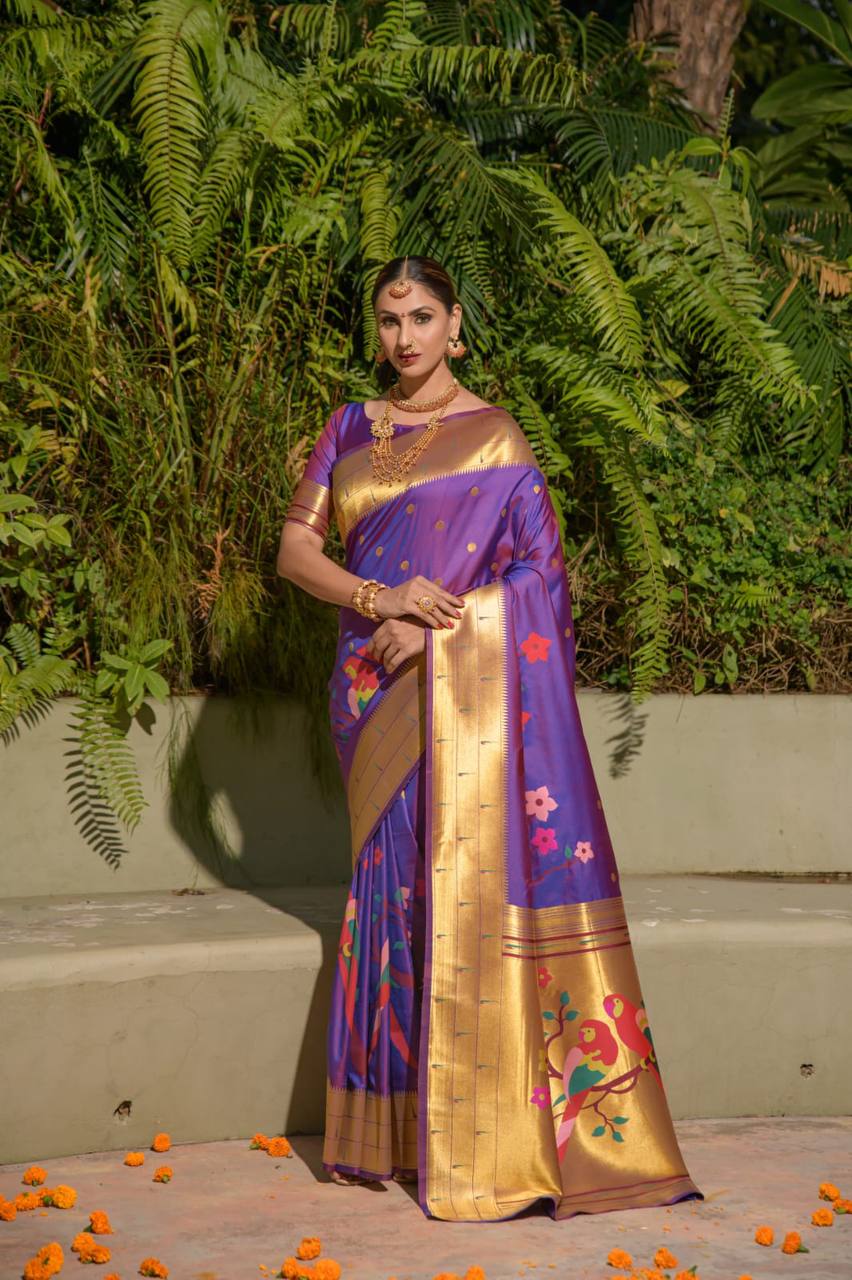 Blue Paithani Pure Silk Handloom Saree With Pure Jari