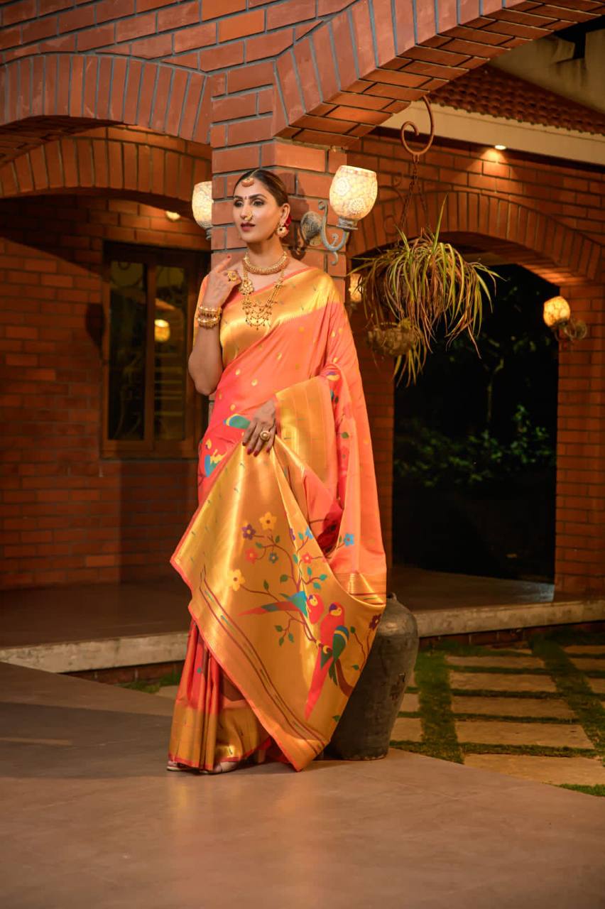 Orange Paithani Pure Silk Handloom Saree With Pure Jari