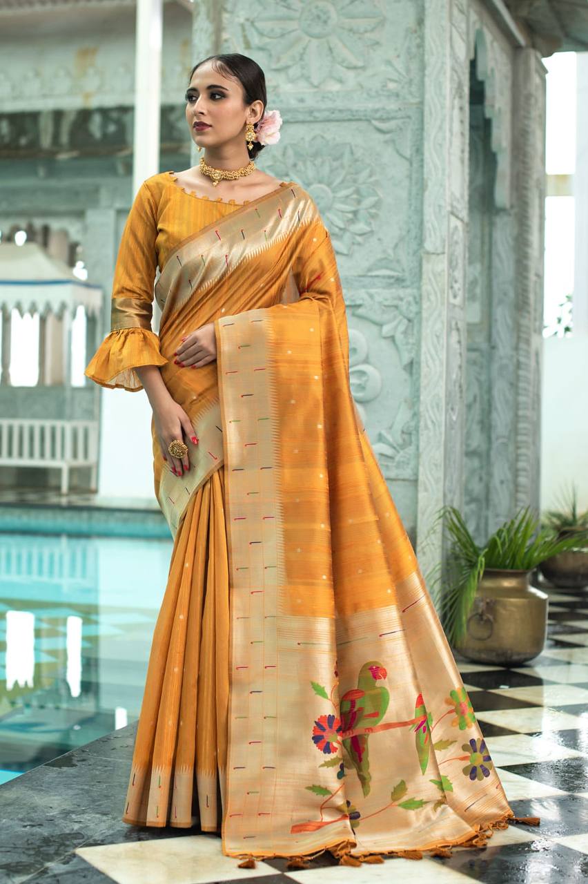 Yellow Tussar Silk Pure Paithani Saree With Zari Woven