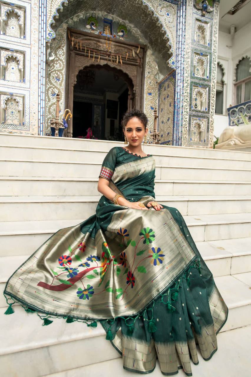 Green Tussar Silk Pure Paithani Saree With Zari Woven