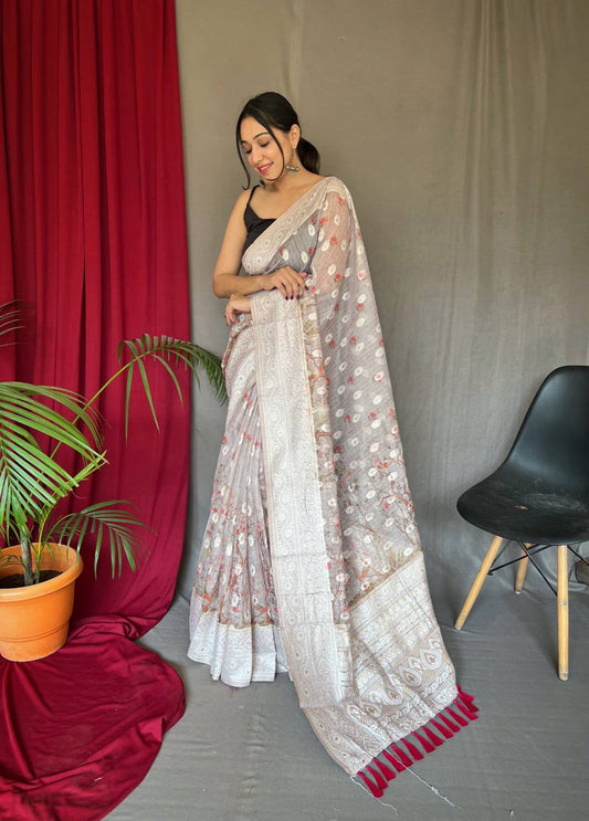 Grey Pure Cotton Linen Saree With Chikankari Lucknowi Work