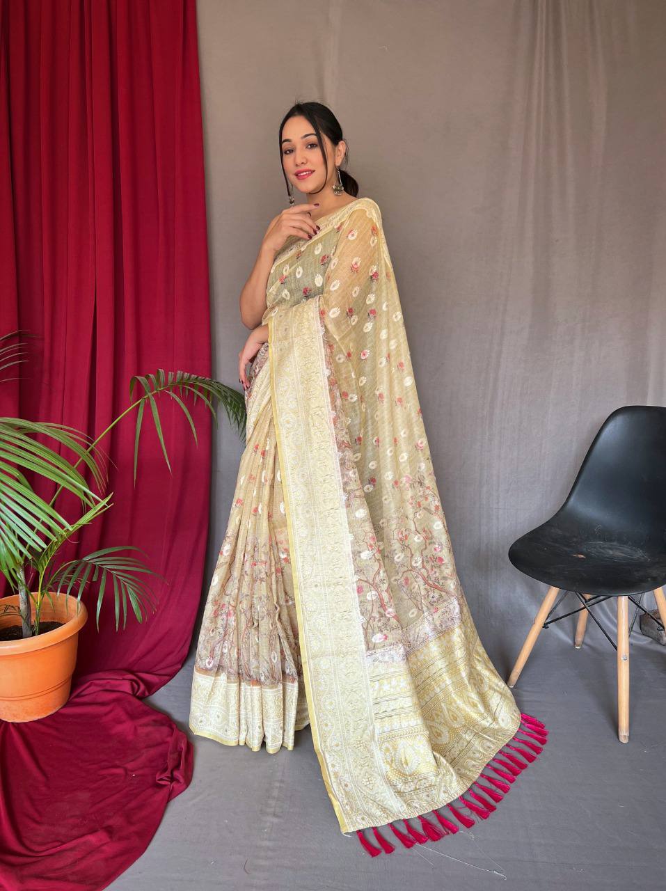 Yellow Pure Cotton Linen Saree With Chikankari Lucknowi Work