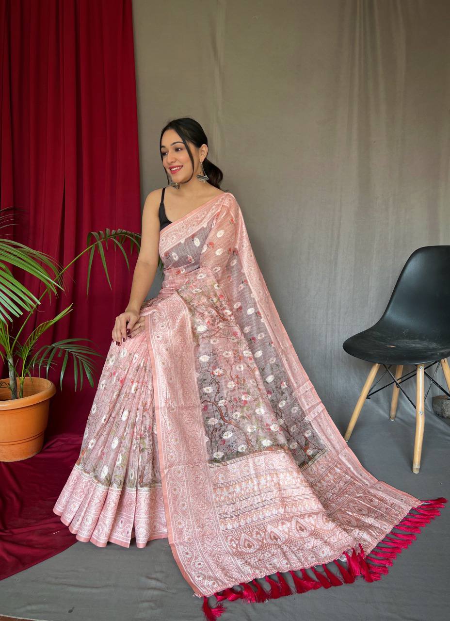Pink Pure Cotton Linen Saree With Chikankari Lucknowi Work