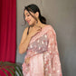 Pink Pure Cotton Linen Saree With Chikankari Lucknowi Work