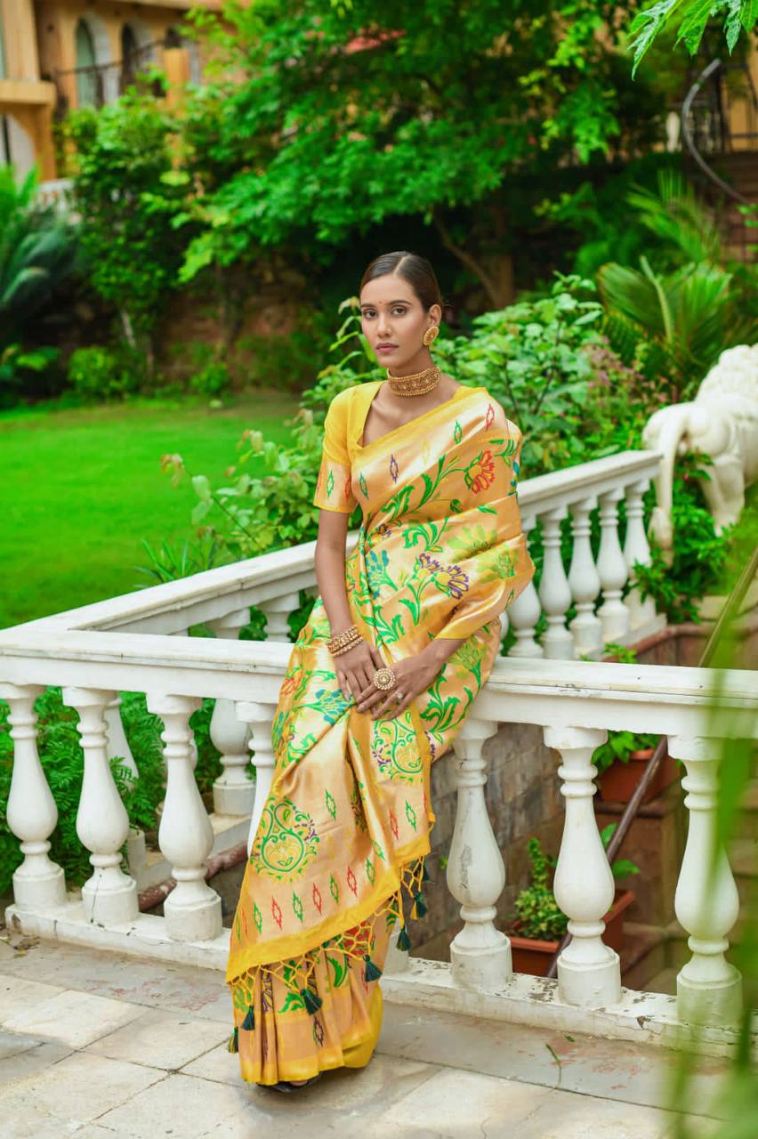 Yellow Banarasi Soft Silk Paithani Saree