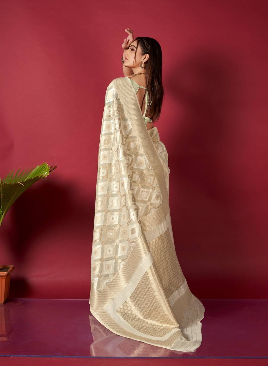 Cream Linen Saree With Ikkat Self Weaving