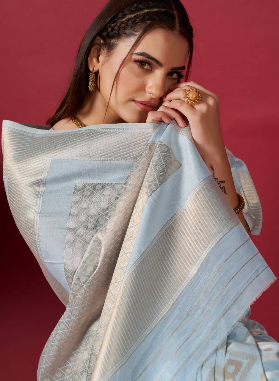 Grey Linen Saree With Ikkat Self Weaving