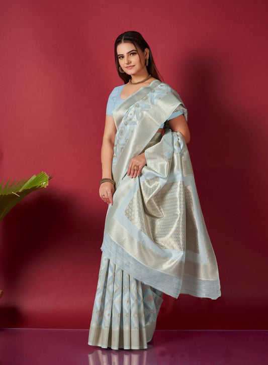 Grey Linen Saree With Ikkat Self Weaving