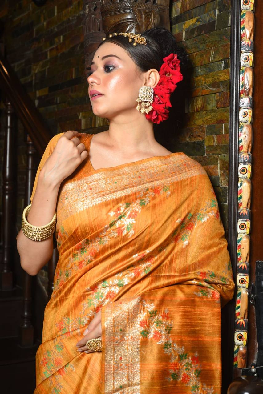Yellow Tussar Silk Jamdani Weaving Saree With Zari