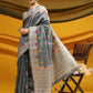 Grey Tussar Silk Weaving Saree With Ikkat And Meena Woven Border