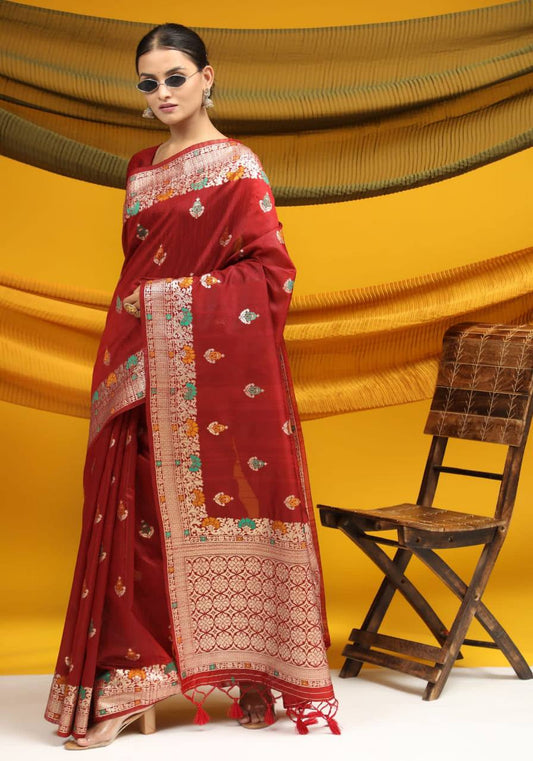 Red Tussar Silk Weaving Saree With Ikkat And Meena Woven Border