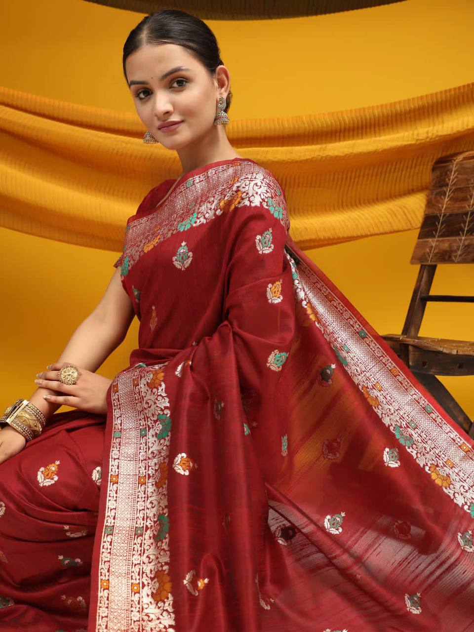 Red Tussar Silk Weaving Saree With Ikkat And Meena Woven Border