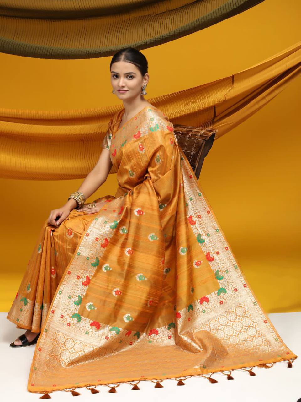 Yellow Tussar Silk Weaving Saree With Ikkat And Meena Woven Border