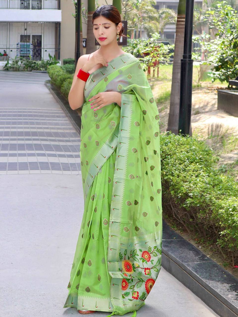 Green Paithani Saree With Zari Weaving Border.