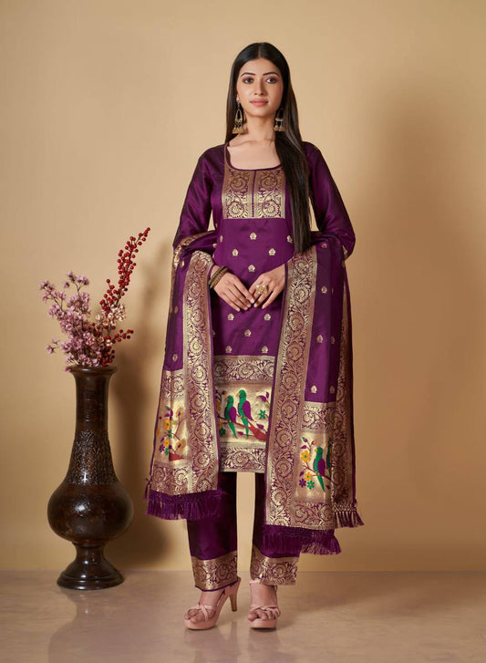 Purple Paithani Silk Unstitched Dress