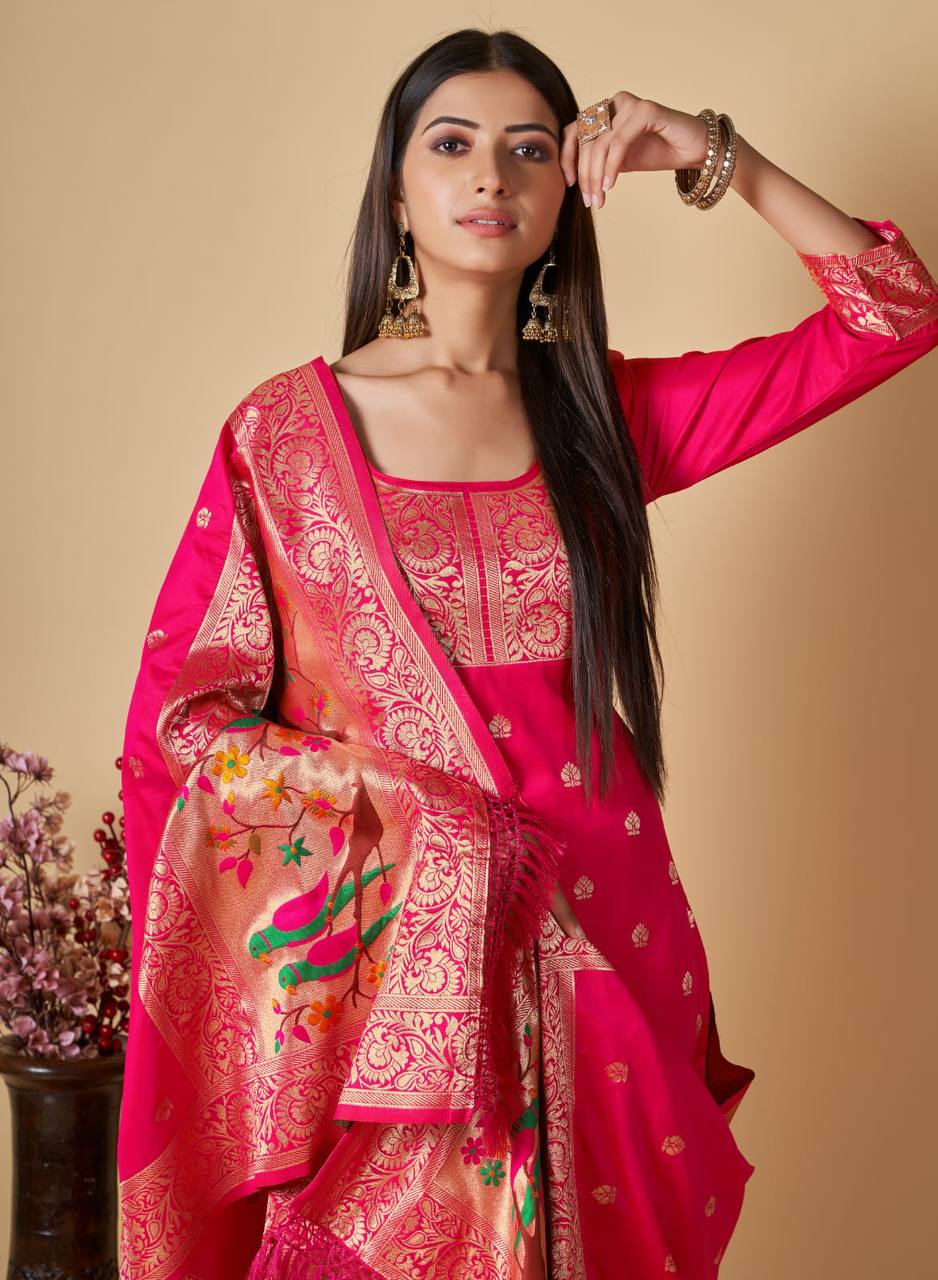 Pink Paithani Silk Unstitched Dress