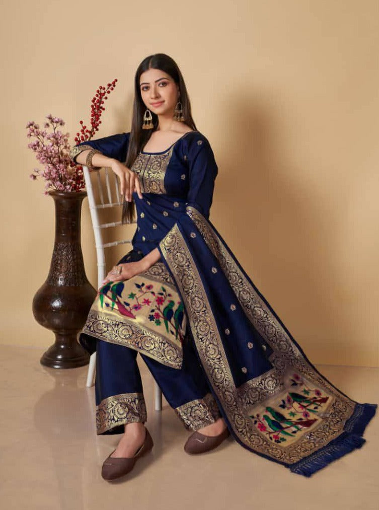 Blue Paithani Silk Unstitched Dress