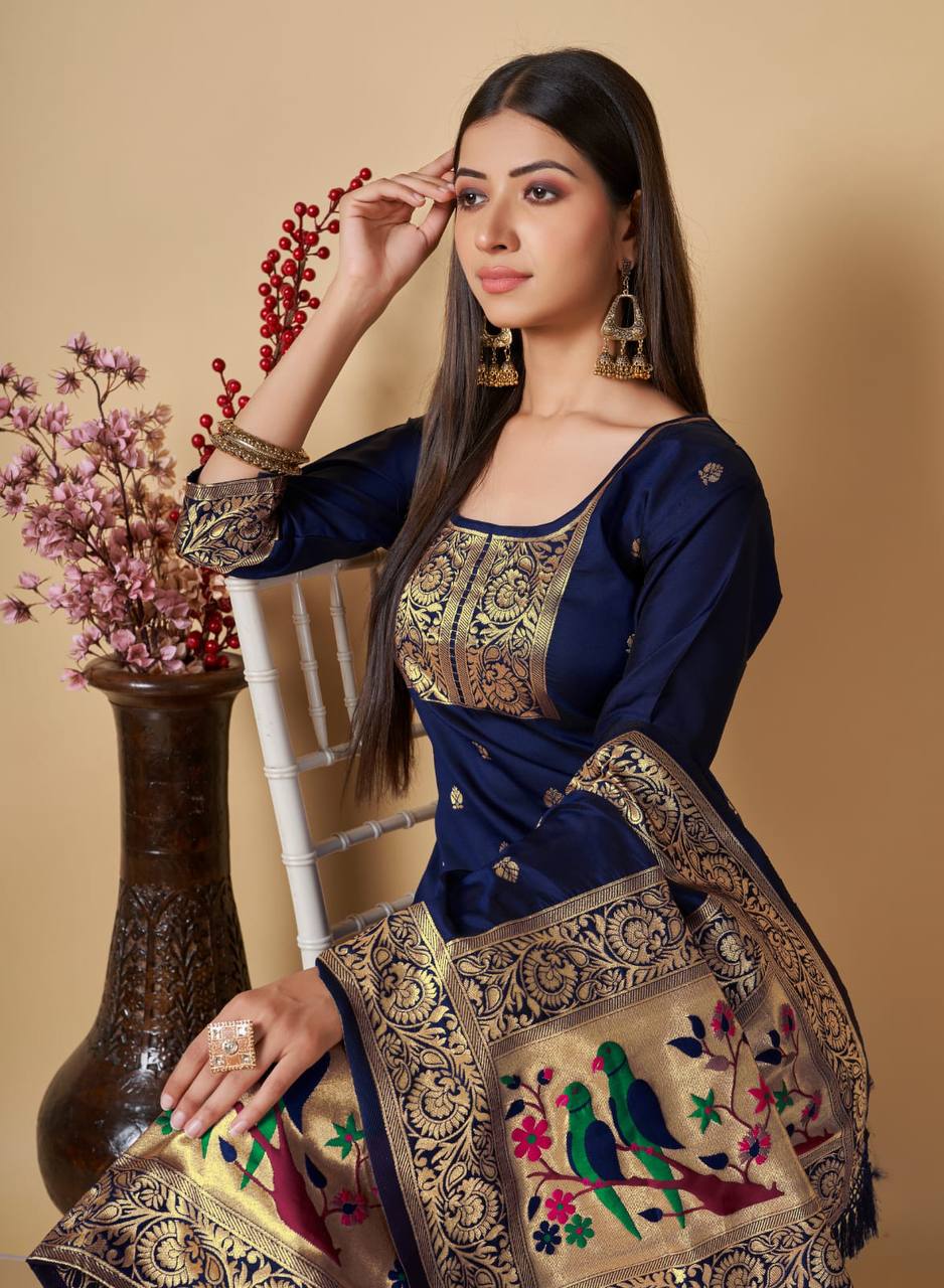 Blue Paithani Silk Unstitched Dress