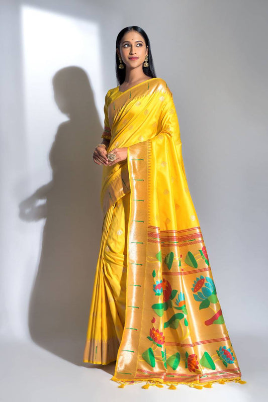 Yellow Banarasi Soft Silk Paithani Saree With Zari Border