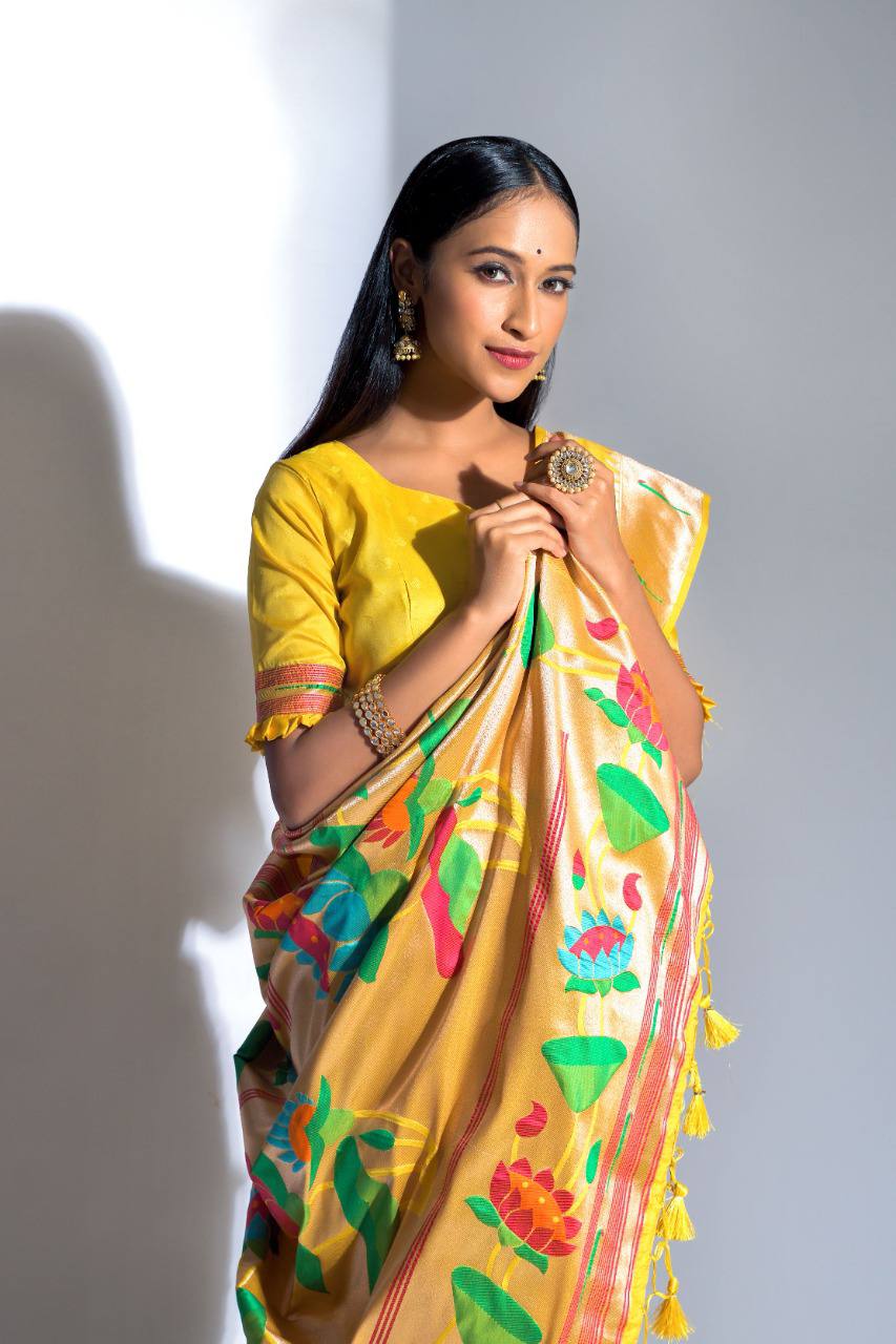Yellow Banarasi Soft Silk Paithani Saree With Zari Border