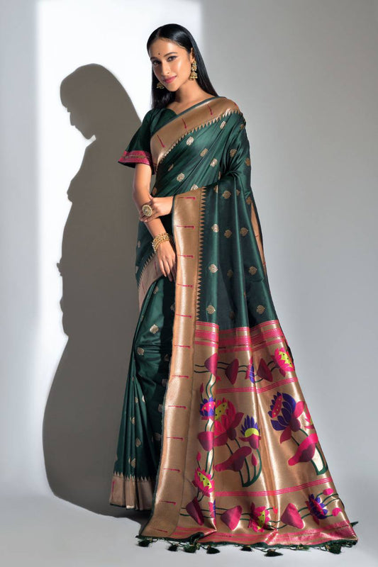 Green Banarasi Soft Silk Paithani Saree With Zari Border