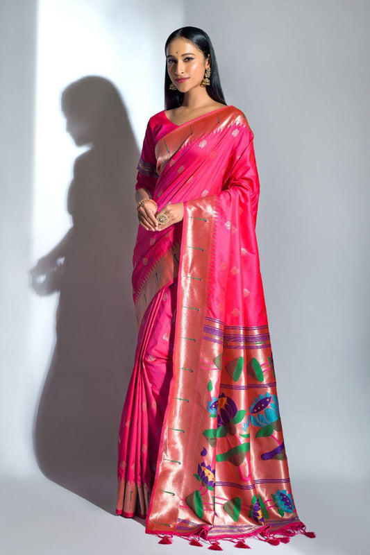 Pink Banarasi Soft Silk Paithani Saree With Zari Border