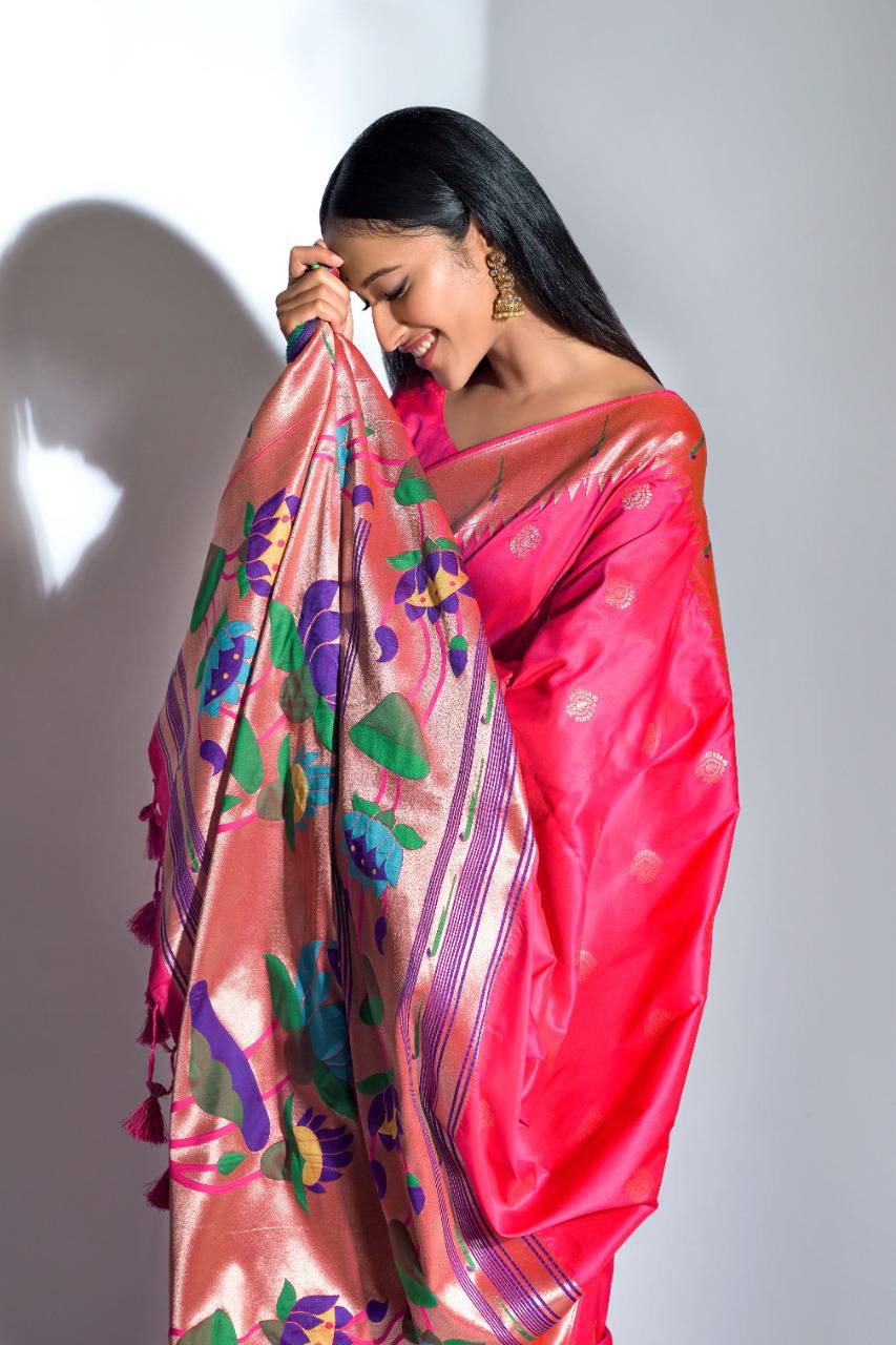 Pink Banarasi Soft Silk Paithani Saree With Zari Border