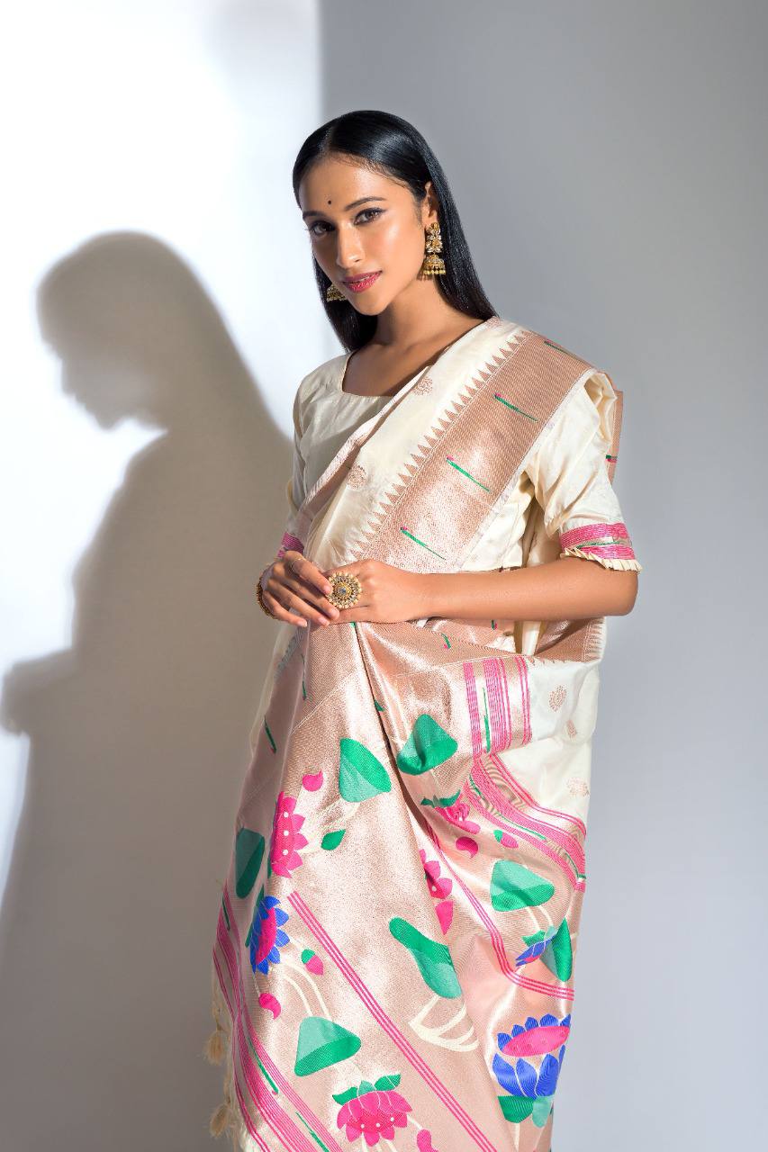 White Banarasi Soft Silk Paithani Saree With Zari Border